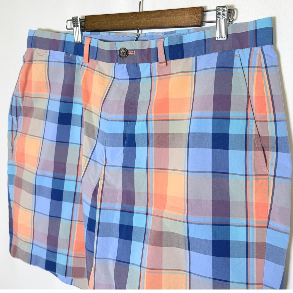 Brooks Brothers Men 38 Plaid Chino Shorts Blue Orange Purple Stretch Cotton Golf